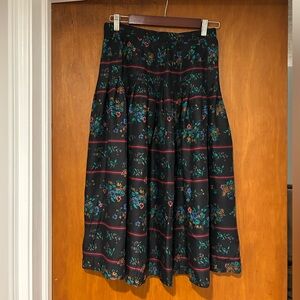 Vintage Black Floral Midi Skirt with Teal and Red Accents